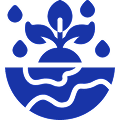 Stylized blue emblem with water droplets