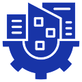 Blue industrial building icon on black background